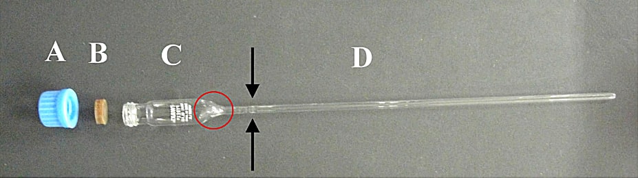 嫌気用 EPR 試料管の作り方A）ネジぶた、B）ネジぶたの内径に合うコルクホーラーで打ち抜いた肉厚 4 mm の飴ゴムセプタム、C）パイレックス製ネジ付き試験管（13 × 100 m/m 例えば、IWAKI の TST-SCR13-100 など）、D）スプラジル石英 EPR 試料管パイレックス管と石英試料管が段継された（矢印で示す） EPR 試料管を準備する。パイレックス試験管の中央部を切断し、ガスバーナーで熱して段継 EPR 試料管のパイレックス部分と溶接する（赤丸印）。自分でガラス細工が出来ないときは業者に依頼する）
