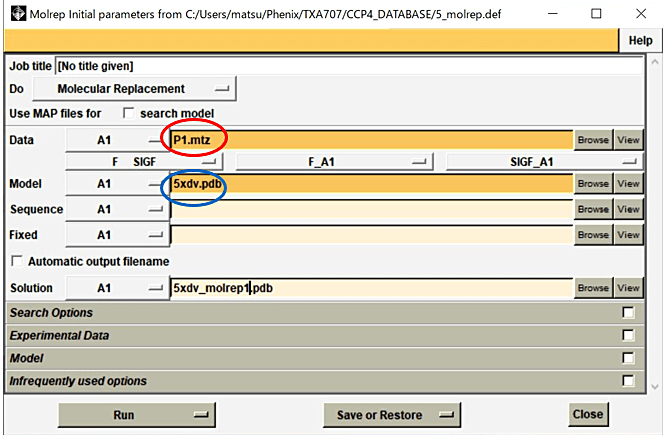 図7：Molrepパネルの選択画面。この画面でDataの行のBrowseからMTZ fileを選択し（赤丸）、Modeの行のBrowseから準備したモデル分子のpdb fileを選択した後（青丸）、Run→Run Nowを選択する。