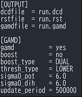 図4：初期パラメータ設定のためのGaMDのインプットファイルの一部。