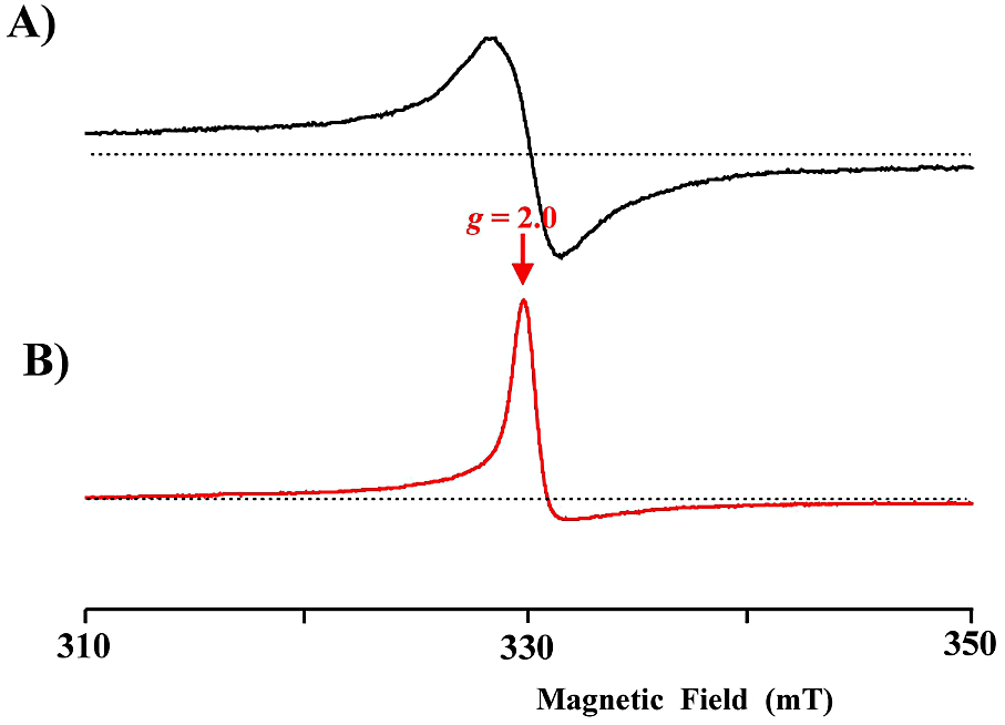 西洋ワサビペルオキシダーゼ（HRP）と過酸化水素の反応A）リン酸緩衝液（pH 7.0）での HRP Compound I の EPR スペクトルB）HEPES 緩衝液（pH 7.0）での HRP Compound I の EPR スペクトル点線はベースラインを示す。A）は線幅の広い信号であることが分かる。測定温度はいずれも 5 K である。
