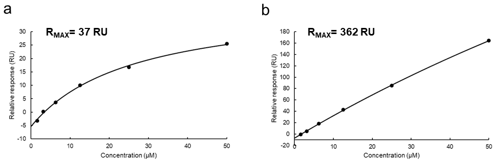 図4：結合レスポンスの濃度依存性試験で得られたScatchard plotの事例。RMAXの理論値はいずれも37 RUほどの化合物の結合を確認している。（a）RMAXが理論値と大差なかったサンプルのScatchard plot。高濃度の化合物領域では結合がほぼ飽和に達しており、2次スクリーニングではヒット化合物とみなせる。（b）RMAXが理論値よりも明らかに大きかったサンプルのScatchard plot。本来曲線的に飽和に達するはずの結合値が直線的に増加して行っており、顕著に非特異的な結合を示す偽陽性の化合物であると考えられる。