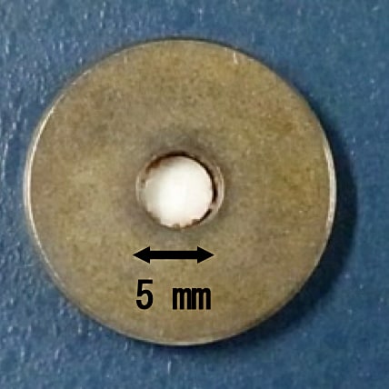 錠剤成型器によって作製された、薄い金属円筒内のペレット状の試料このまま水和することも可能である。